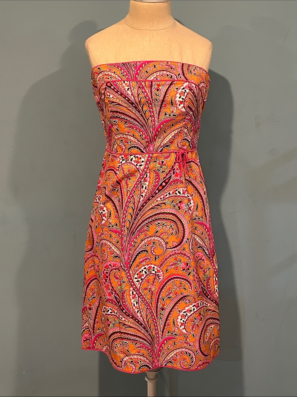 Vintage J. Crew Paisley Strapless Corset Style Cotton A-Line Dress size 4 Pink